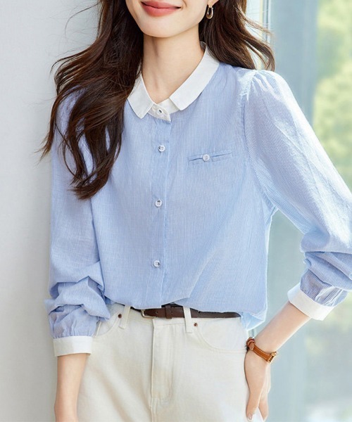 ReRe(リリ)の「丸襟配色ストライプ長袖シャツ(シャツ/ブラウス・レディース・ストライプ・MEDIUM/X-LARGE/LARGE)」の9枚目の写真