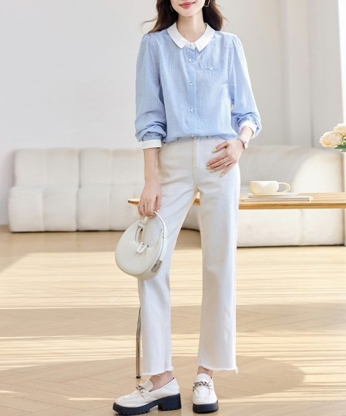 ReRe(リリ)の「丸襟配色ストライプ長袖シャツ(シャツ/ブラウス・レディース・ストライプ・MEDIUM/X-LARGE/LARGE)」の13枚目の写真