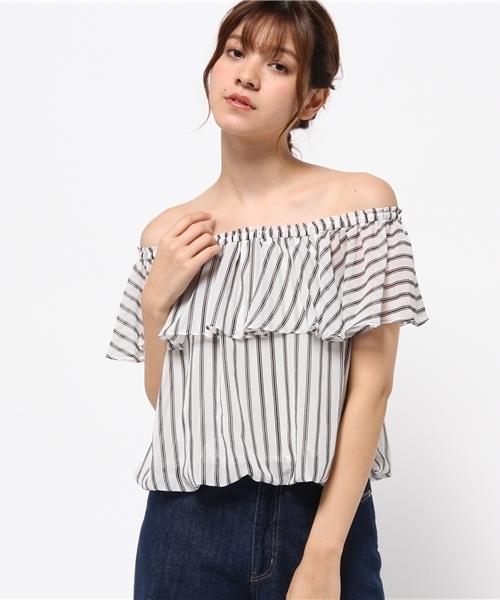 mysty woman(ミスティウーマン)の「シフォンストライプ柄オフショルバルーンブラウス(シャツ/ブラウス・レディース・ブラック系その他/グレー系その他/ブラウン系その他・FREE)」の11枚目の写真