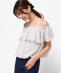 mysty woman | シフォンストライプ柄オフショルバルーンブラウス(シャツ/ブラウス)