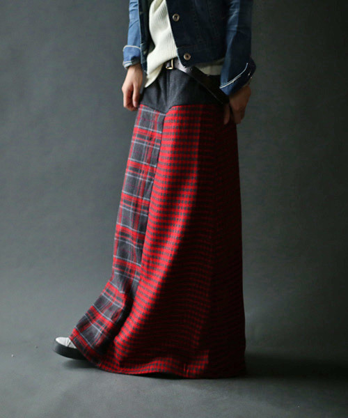 antiqua（アンティカ）の「2wayチェック切り替えリブロングスカート（スカート・レディース・グレー系その他/レッド系その他・M）」の3枚目の写真