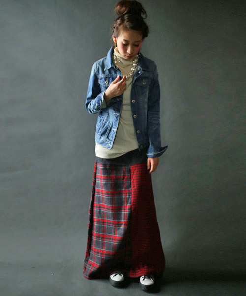 antiqua（アンティカ）の「2wayチェック切り替えリブロングスカート（スカート・レディース・グレー系その他/レッド系その他・M）」の7枚目の写真