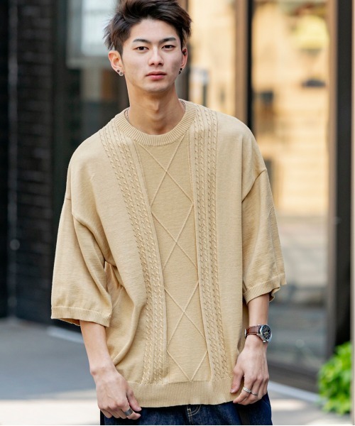 En serio TOKYO（エンソリオトーキョー）の「TC ニット / ケーブル編み オーバーサイズ サマーニット Tシャツ（ニット/セーター・メンズ・ブラック/ベージュ/パープル/オフホワイト・M/L）」の4枚目の写真