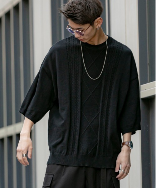 En serio TOKYO（エンソリオトーキョー）の「TC ニット / ケーブル編み オーバーサイズ サマーニット Tシャツ（ニット/セーター・メンズ・ブラック/ベージュ/パープル/オフホワイト・M/L）」の12枚目の写真
