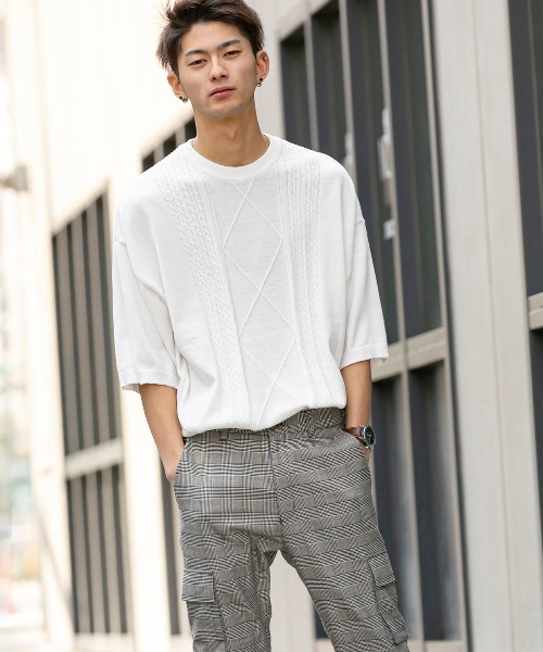 En serio TOKYO（エンソリオトーキョー）の「TC ニット / ケーブル編み オーバーサイズ サマーニット Tシャツ（ニット/セーター・メンズ・ブラック/ベージュ/パープル/オフホワイト・M/L）」の13枚目の写真