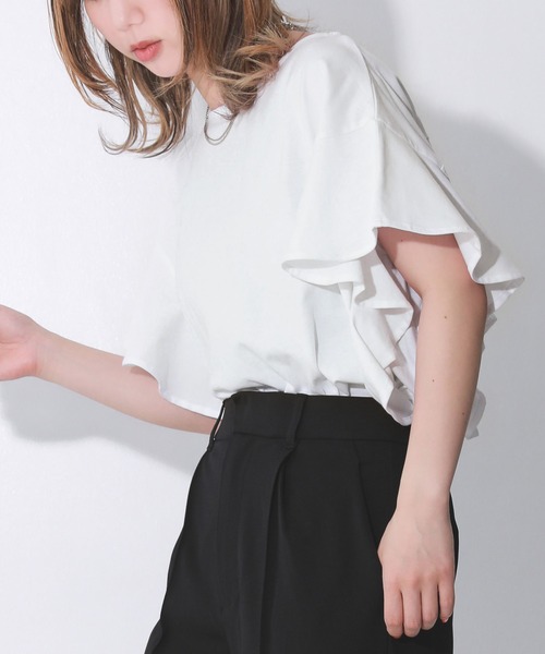 n'OrLABEL（ノアールレーベル）の「『コットンフリルTシャツ』（Tシャツ/カットソー・レディース・グリーン/ブラック/オフホワイト/ピンク/ダークパープル/ライトブルー・2/1）」の2枚目の写真