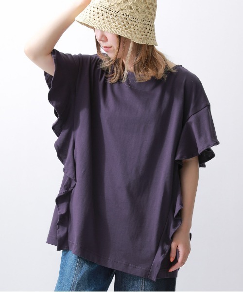 n'OrLABEL（ノアールレーベル）の「『コットンフリルTシャツ』（Tシャツ/カットソー・レディース・グリーン/ブラック/オフホワイト/ピンク/ダークパープル/ライトブルー・2/1）」の5枚目の写真