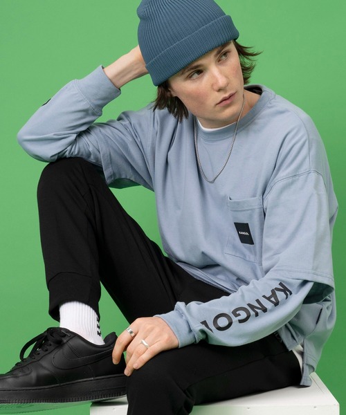 KANGOL（カンゴール）の「【EC別注】KANGOL/カンゴール ワンポイント ロゴ 胸ポケット付き レイヤード ビックシルエット 長袖 Tシャツ（Tシャツ/カットソー・メンズ・ホワイト/ブラック/モカ/ブルー系その他/グレイッシュベージュ/ブルー系その他2/ダークグリーン・LL/M/L）」の7枚目の写真