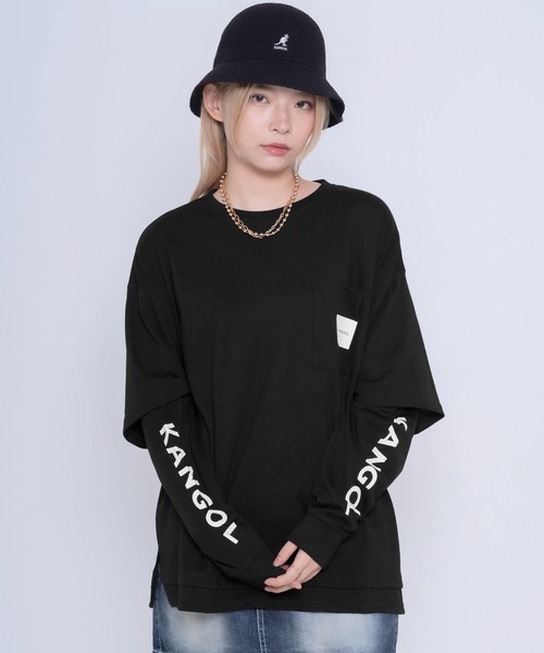KANGOL（カンゴール）の「【EC別注】KANGOL/カンゴール ワンポイント ロゴ 胸ポケット付き レイヤード ビックシルエット 長袖 Tシャツ（Tシャツ/カットソー・メンズ・ホワイト/ブラック/モカ/ブルー系その他/グレイッシュベージュ/ブルー系その他2/ダークグリーン・LL/M/L）」の2枚目の写真