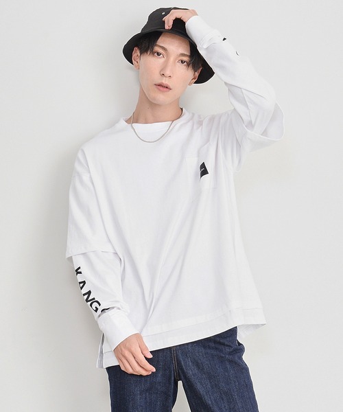 KANGOL（カンゴール）の「【EC別注】KANGOL/カンゴール ワンポイント ロゴ 胸ポケット付き レイヤード ビックシルエット 長袖 Tシャツ（Tシャツ/カットソー・メンズ・ホワイト/ブラック/モカ/ブルー系その他/グレイッシュベージュ/ブルー系その他2/ダークグリーン・LL/M/L）」の11枚目の写真