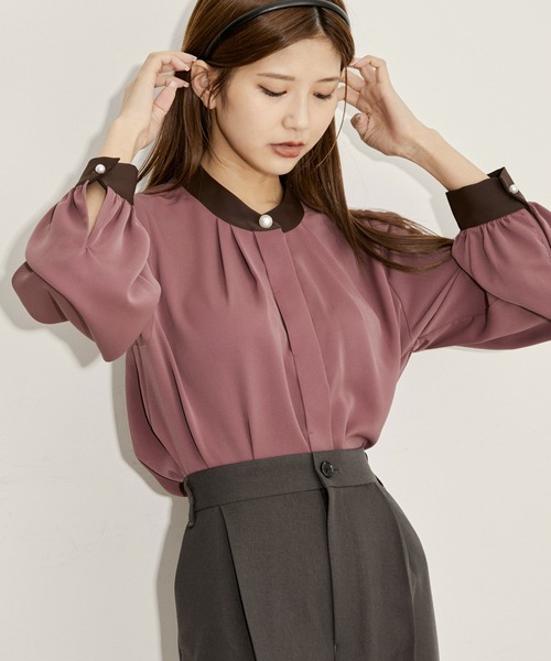 vis-`a-vis（ビサビ）の「【追加生産】【WEB限定】ドット/無地の2パターン。パール釦付きバイカラータック長袖ブラウス（シャツ/ブラウス・レディース・グリーン/パープル系その他/ピンク系その他2/ブラック系その他/オフホワイト/ネイビー/ブルー系その他7/ホワイト・FREE）」の15枚目の写真