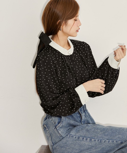 vis-`a-vis（ビサビ）の「【追加生産】【WEB限定】ドット/無地の2パターン。パール釦付きバイカラータック長袖ブラウス（シャツ/ブラウス・レディース・グリーン/パープル系その他/ピンク系その他2/ブラック系その他/オフホワイト/ネイビー/ブルー系その他7/ホワイト・FREE）」の22枚目の写真