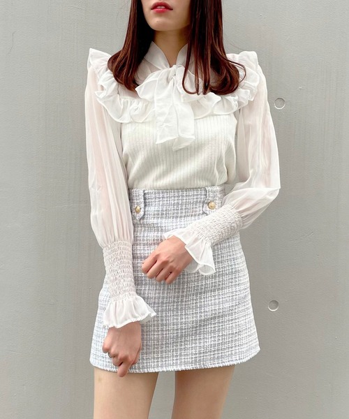 titty＆Co. PETIT（ティティアンドコープティ）の「【titty&Co.PETIT】フリルリボンシャーリングブラウス（シャツ/ブラウス・レディース・ホワイト/ブラック・FREE）」の6枚目の写真