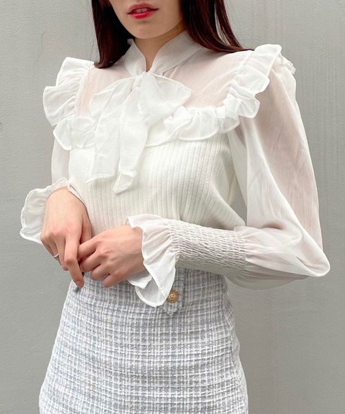 titty＆Co. PETIT（ティティアンドコープティ）の「【titty&Co.PETIT】フリルリボンシャーリングブラウス（シャツ/ブラウス・レディース・ホワイト/ブラック・FREE）」の3枚目の写真