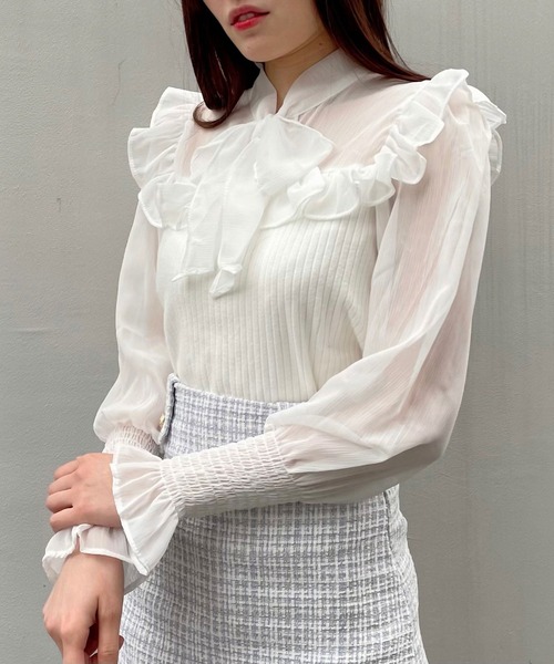 titty＆Co. PETIT（ティティアンドコープティ）の「【titty&Co.PETIT】フリルリボンシャーリングブラウス（シャツ/ブラウス・レディース・ホワイト/ブラック・FREE）」の8枚目の写真