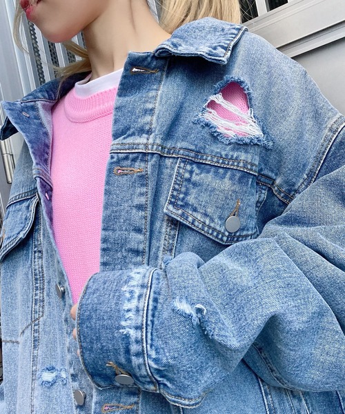 極美品♡アングリッド　オーバーサイズ　デニムジャケット ブルー オーバーサイズ ノーカラー デニム[品番：AZ000004416]｜andme