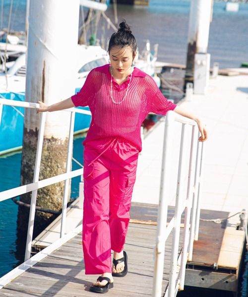 emmi ナイロンフレアパンツ カーゴパンツ ピンク 1 ヨンアさん着用 FREAK'S ファッション emmi ナイロンフレアパンツ カーゴパンツ ピンク