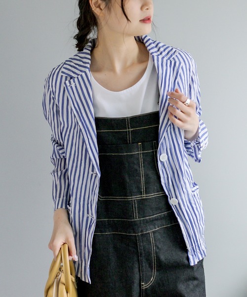 PUAL CE CIN（ピュアルセシン）の「クリンクル加工 シャツジャケット（テーラードジャケット・レディース・ベージュ/スミクロ/ブルー系/イエロー系・FREE）」の3枚目の写真