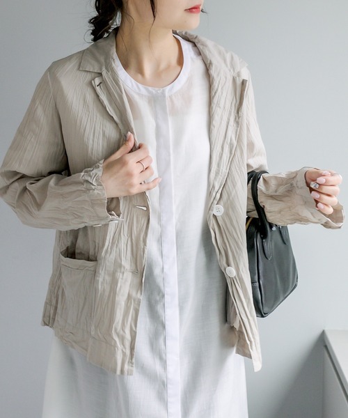 PUAL CE CIN（ピュアルセシン）の「クリンクル加工 シャツジャケット（テーラードジャケット・レディース・ベージュ/スミクロ/ブルー系/イエロー系・FREE）」の2枚目の写真
