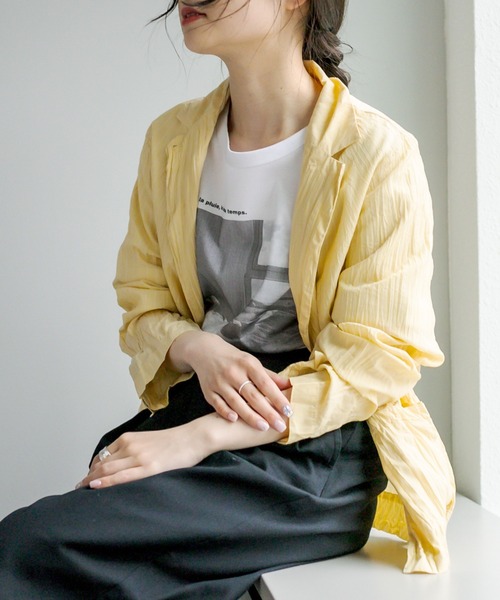 PUAL CE CIN（ピュアルセシン）の「クリンクル加工 シャツジャケット（テーラードジャケット・レディース・ベージュ/スミクロ/ブルー系/イエロー系・FREE）」の5枚目の写真