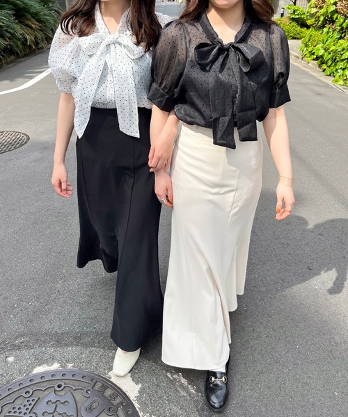 frunco（フランコ）の「半袖ドット柄ボウタイブラウス（シャツ