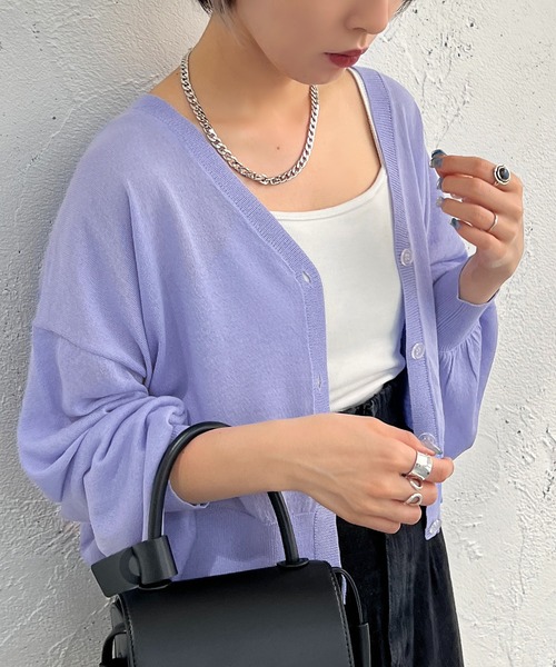 apres jour mignon(アプレジュールミニョン)の「シアーニットカーデ【ZOZOTOWN限定アイテム】(カーディガン/ボレロ・レディース・パープル/グリーン系その他/ピンク/オフホワイト/ピンク系その他・X-LARGE/フリー)」の3枚目の写真