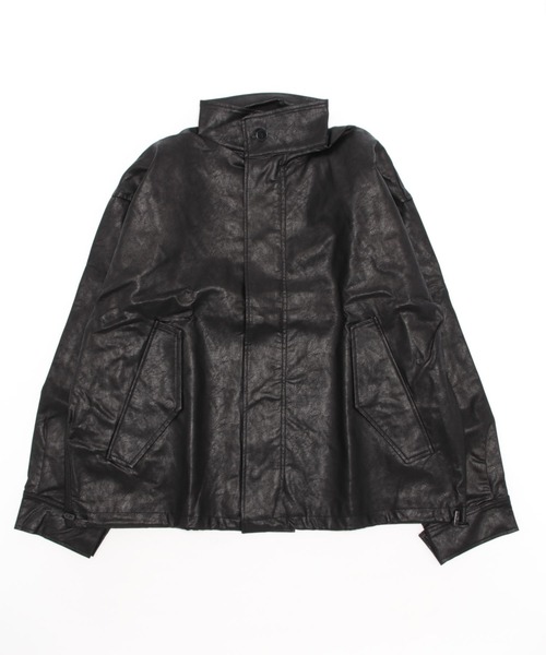 FOLLOWIN（フォロウィン）の「【UNISEX】ジッパーオーバーフィット袖絞りレザーライダージャケット（ライダースジャケット・レディース・ブラック・FREE）」の3枚目の写真