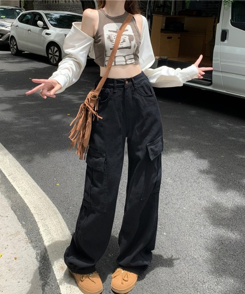 DAY CLOSET（デイ クローゼット）の「【大きいサイズ有】ゆるっとこなれ魅せ。 ハイウエスト デニム ベイカー カーゴパンツ レディース（デニムパンツ・レディース・ブラック/ブラウン/レッド/ブルー系その他/ブラック系その他/ベージュ/アイボリー・S/M/L/XL）」の12枚目の写真