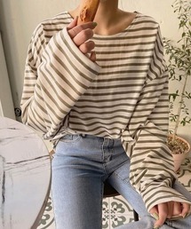 Dalfwin | 2023SS 春新作　韓国ファッション カットソー レディース ユニセックス 男女共用　ドロップショルダーシアーボーダートップス　ボーダーTシャツ 長袖 オーバーサイズ ビッグシルエット 2023SS ボーダートップス(Tシャツ/カットソー)