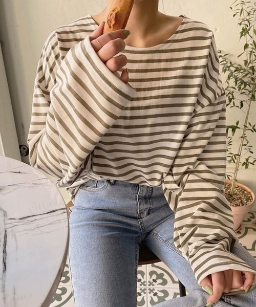 Dalfwin（ダールフィン）の「ドロップショルダーシアーオーバーサイズボーダー長袖Tシャツ（Tシャツ/カットソー・レディース・グレー系/ホワイト系/ベージュ系/カーキ系/ブラック系・FREE）」の5枚目の写真