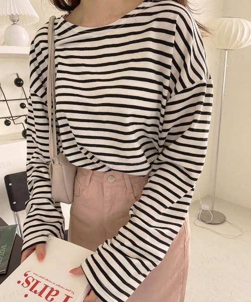 Dalfwin（ダールフィン）の「ドロップショルダーシアーオーバーサイズボーダー長袖Tシャツ（Tシャツ/カットソー・レディース・グレー系/ホワイト系/ベージュ系/カーキ系/ブラック系・FREE）」の6枚目の写真