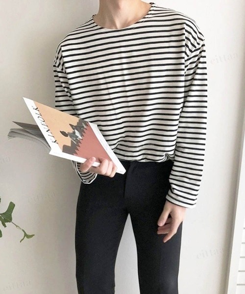 Dalfwin（ダールフィン）の「ドロップショルダーシアーオーバーサイズボーダー長袖Tシャツ（Tシャツ/カットソー・レディース・グレー系/ホワイト系/ベージュ系/カーキ系/ブラック系・FREE）」の8枚目の写真