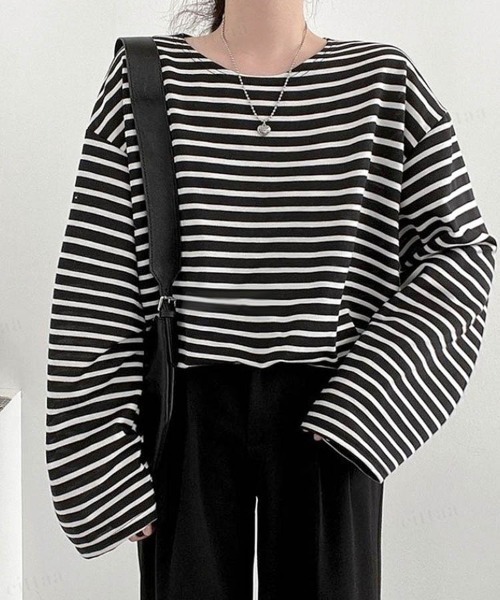 Dalfwin（ダールフィン）の「ドロップショルダーシアーオーバーサイズボーダー長袖Tシャツ（Tシャツ/カットソー・レディース・グレー系/ホワイト系/ベージュ系/カーキ系/ブラック系・FREE）」の10枚目の写真