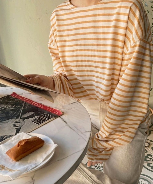 Dalfwin（ダールフィン）の「ドロップショルダーシアーオーバーサイズボーダー長袖Tシャツ（Tシャツ/カットソー・レディース・グレー系/ホワイト系/ベージュ系/カーキ系/ブラック系・FREE）」の16枚目の写真