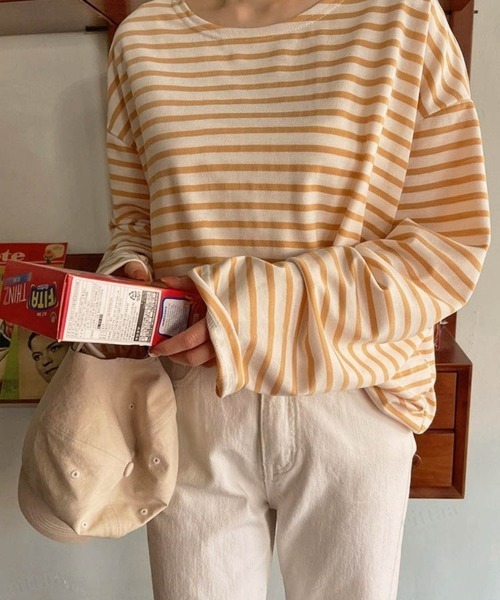 Dalfwin（ダールフィン）の「ドロップショルダーシアーオーバーサイズボーダー長袖Tシャツ（Tシャツ/カットソー・レディース・グレー系/ホワイト系/ベージュ系/カーキ系/ブラック系・FREE）」の15枚目の写真