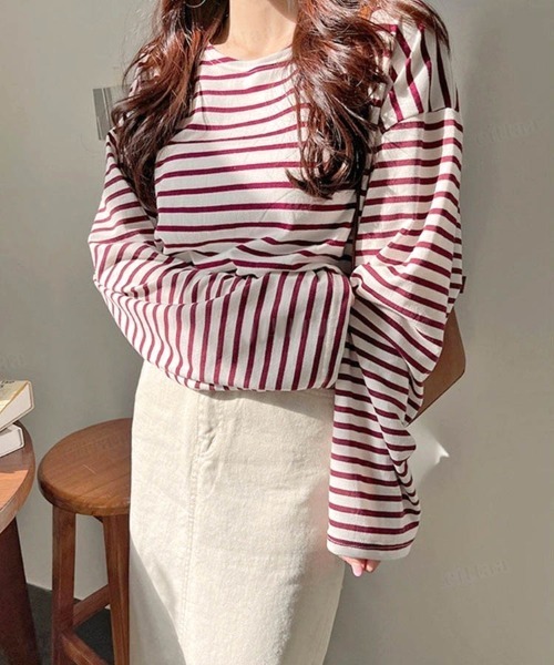 Dalfwin（ダールフィン）の「ドロップショルダーシアーオーバーサイズボーダー長袖Tシャツ（Tシャツ/カットソー・レディース・グレー系/ホワイト系/ベージュ系/カーキ系/ブラック系・FREE）」の18枚目の写真