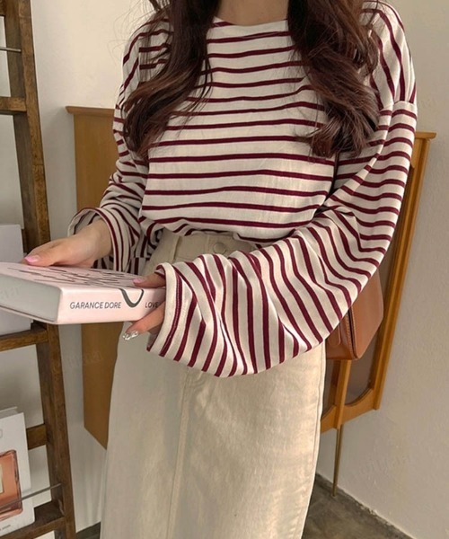 Dalfwin（ダールフィン）の「ドロップショルダーシアーオーバーサイズボーダー長袖Tシャツ（Tシャツ/カットソー・レディース・グレー系/ホワイト系/ベージュ系/カーキ系/ブラック系・FREE）」の17枚目の写真