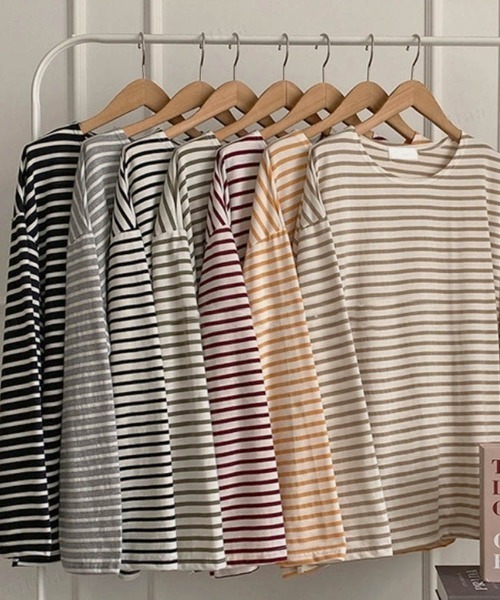 Dalfwin（ダールフィン）の「ドロップショルダーシアーオーバーサイズボーダー長袖Tシャツ（Tシャツ/カットソー・レディース・グレー系/ホワイト系/ベージュ系/カーキ系/ブラック系・FREE）」の21枚目の写真