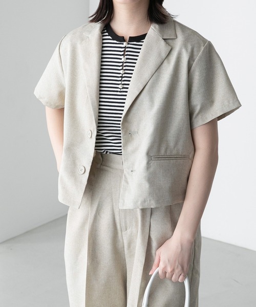 BONLECILL（ボンルシール）の「【2点セット】半袖クロップドテーラードジャケット＆２タックセンタープレスパンツ セットアップ（セットアップ・レディース・チャコールグレー/ブラック/ベージュ・FREE）」の7枚目の写真