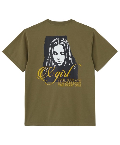 X-girl（エックスガール）の「RIPPED FACE LOGO S/S TEE（Tシャツ/カットソー・レディース・ブラック/オリーブ/ホワイト・S/M/L/XL）」の5枚目の写真