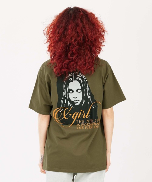X-girl（エックスガール）の「RIPPED FACE LOGO S/S TEE（Tシャツ/カットソー・レディース・ブラック/オリーブ/ホワイト・S/M/L/XL）」の12枚目の写真