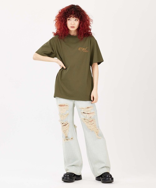 X-girl（エックスガール）の「RIPPED FACE LOGO S/S TEE（Tシャツ/カットソー・レディース・ブラック/オリーブ/ホワイト・S/M/L/XL）」の13枚目の写真