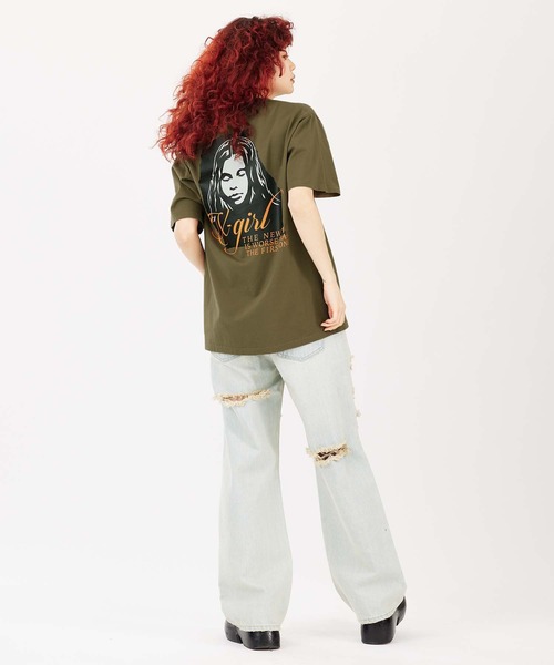 X-girl（エックスガール）の「RIPPED FACE LOGO S/S TEE（Tシャツ/カットソー・レディース・ブラック/オリーブ/ホワイト・S/M/L/XL）」の14枚目の写真