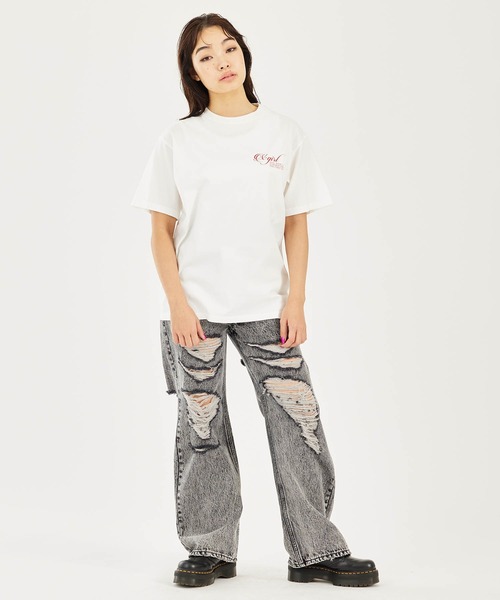 X-girl（エックスガール）の「RIPPED FACE LOGO S/S TEE（Tシャツ/カットソー・レディース・ブラック/オリーブ/ホワイト・S/M/L/XL）」の22枚目の写真