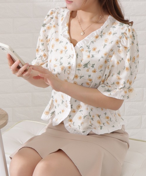 セール】花柄前開きパールボタンブラウス（シャツ/ブラウス