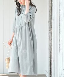 サークル刺繍7分袖ワンピース