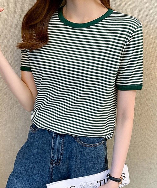 Amulet(アミュレット)の「ボーダー半袖カットソー(Tシャツ/カットソー・レディース・グリーン/ブラウン/ブラック・L/XL/M)」の1枚目の写真