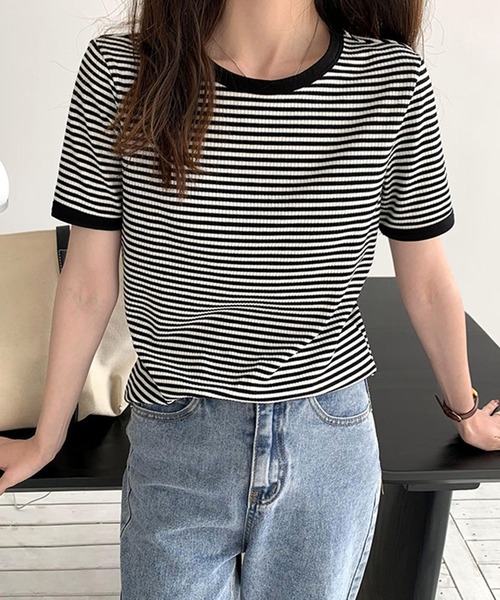 Amulet(アミュレット)の「ボーダー半袖カットソー(Tシャツ/カットソー・レディース・グリーン/ブラウン/ブラック・L/XL/M)」の4枚目の写真