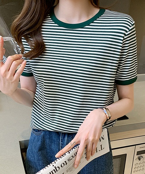 Amulet(アミュレット)の「ボーダー半袖カットソー(Tシャツ/カットソー・レディース・グリーン/ブラウン/ブラック・L/XL/M)」の10枚目の写真