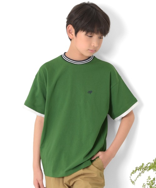 GLAZOS（グラソス）の「【接触冷感】袖レイヤードラインリブワンポイント半袖Tシャツ（Tシャツ/カットソー・キッズ・ネイビー/ホワイト/グリーン・160cm/170cm/150cm/140cm）」の2枚目の写真